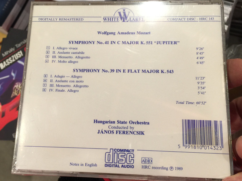 W. A. Mozart - Symphonies, C Major K. 551, E Flat Major K. 543 / Hungarian State Orchestra, Janos Ferencsik / White Label Audio CD 1989 / HRC 143