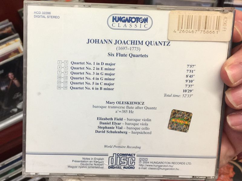 Johann Joachim Quantz - Six Flute Quartets / Mary Oleskiewicz. Elizabeth Field, Daniel Elyar, Stephanie Vial, David Schulenberg / Hungaroton Classic Audio CD 2004 Stereo / HCD 32286