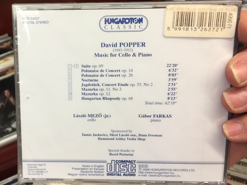 David Popper - Music for Cello and Piano / Laszlo Mezo (Jr.) - cello, Gabor Farkas - piano / Hungaroton Classic Audio CD 2009 Stereo / HCD 32627