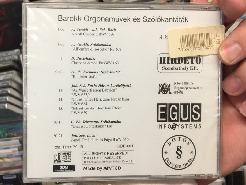 Baroque Organ Works And Solo Cantatas - Péter Marosvári, organ & tenor / Dorottya Kuthy, Istvan Major jr., Rita Sonti / Works by: Vivaldi Bach, Buxtehude, Telemann / VTCD Audio CD 1997 / TXCD-001