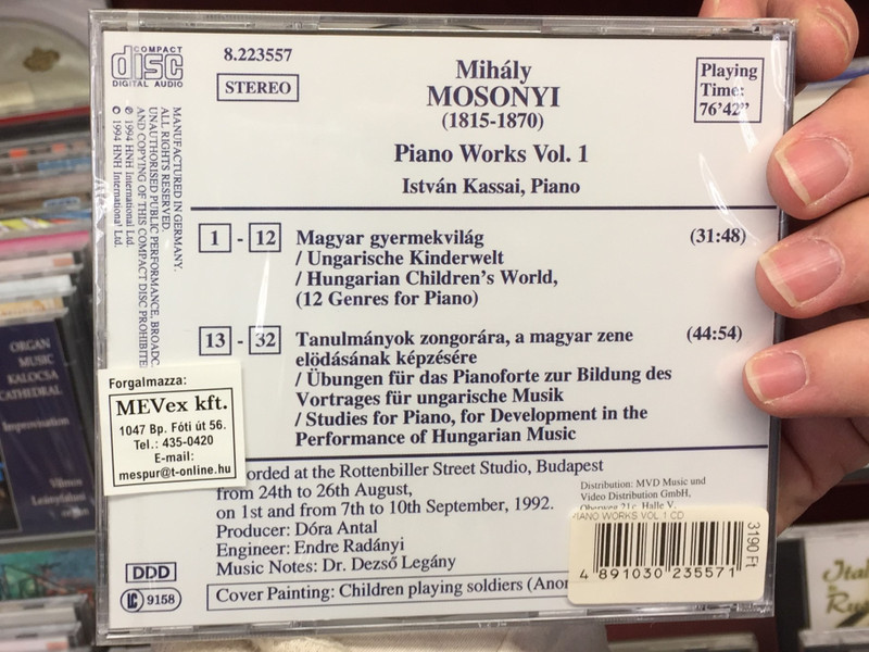 Mihaly Mosonyi - Piano Works Vol. 1 / Hungarian Children's World / Studies for Development in the Performance of Hungarian Music / Istvan Kassai, piano / HNH International Ltd. Audio CD 1994 Stereo / 8.223557