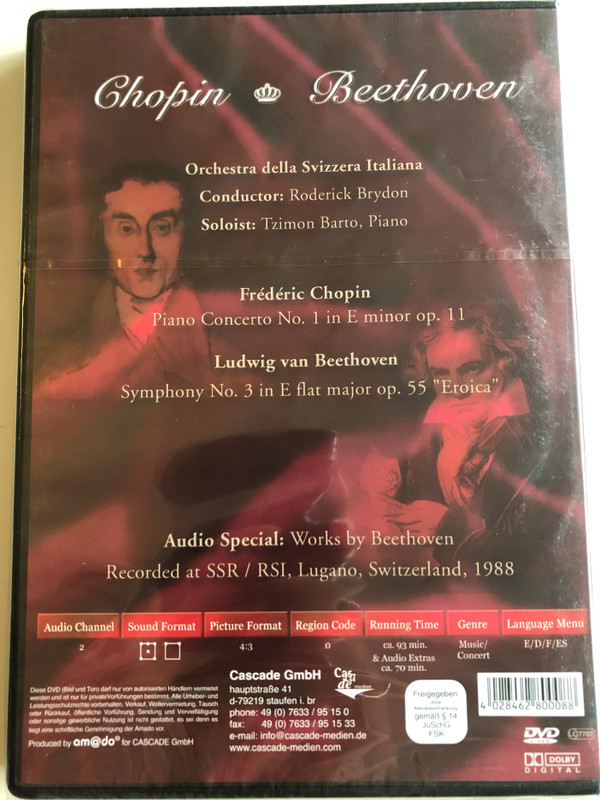 Chopin, Beethoven ‎– Piano Concerto No. 1 In E Minor Op. 11, Symphony No. 3 In E Flat Major Op. 55 "Eroica" / Orchestra Della Svizzera Italiana, Roderick Brydon, Tzimon Barto / Cascade Medien ‎DVD 1988 / 80008