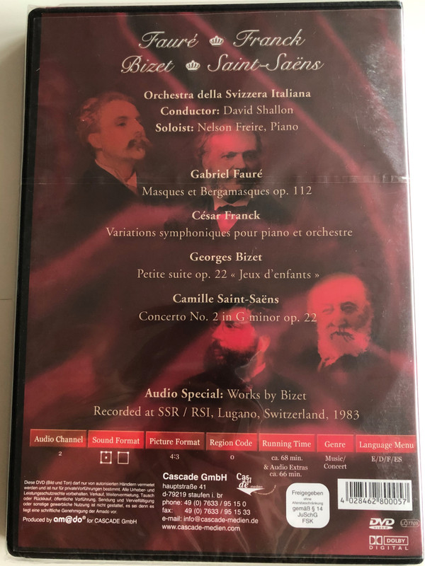 Fauré, Franck, Bizet, Saint-Saëns - Masques Et Bergamasques Op. 112, Variations Symphoniques Pour Piano Et Orchestre, Petite Suite Op. 22 «Jeux D'enfants», Concerto No. 2 In G Minor Op. 22 / Cascade Medien ‎DVD 2003 / 80005