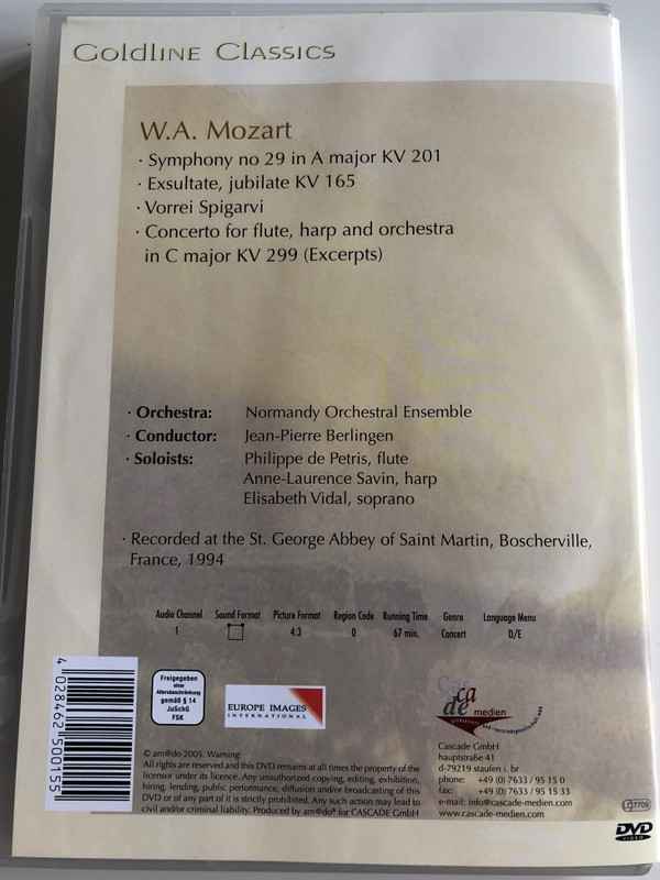 Mozart - Goldline Classics DVD 1994 Symphony no 29, Exsultate, jubilate KV 165, Vorrei Sigarvi / Normandy Orchestral Ensemble / Conducted by Jean-Pierre Berlingen / Recorded at St. George Abbey, Boscherville, France (4028462500155)