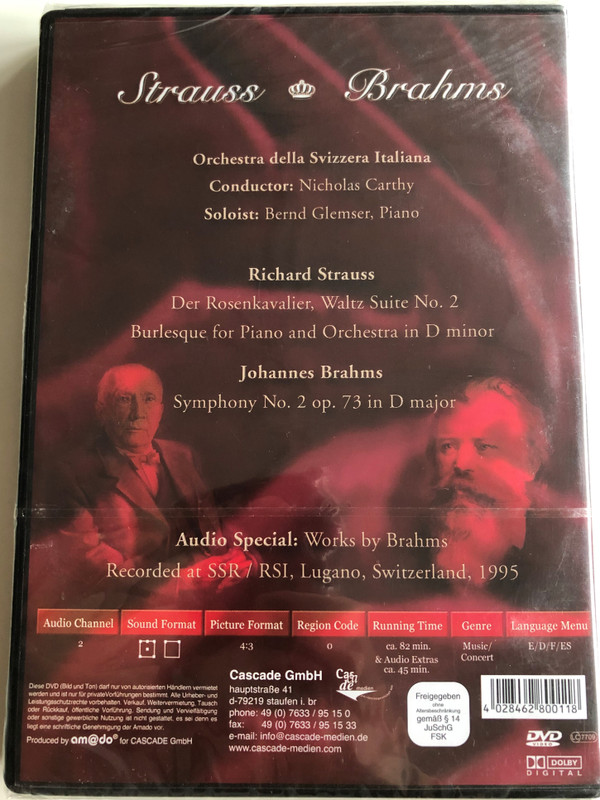 Strauss, Brahms - Der Rosenkavalier, Waltz Suite No. 2, Burlesque For Piano And Orchestra In D Minor, Symphony No. 2 Op. 73 In D Major / Orchestra Della Svizzera Italiana, Nicholas Carthy, Bernd Glemser / Cascade Medien ‎DVD 2003 / 80011