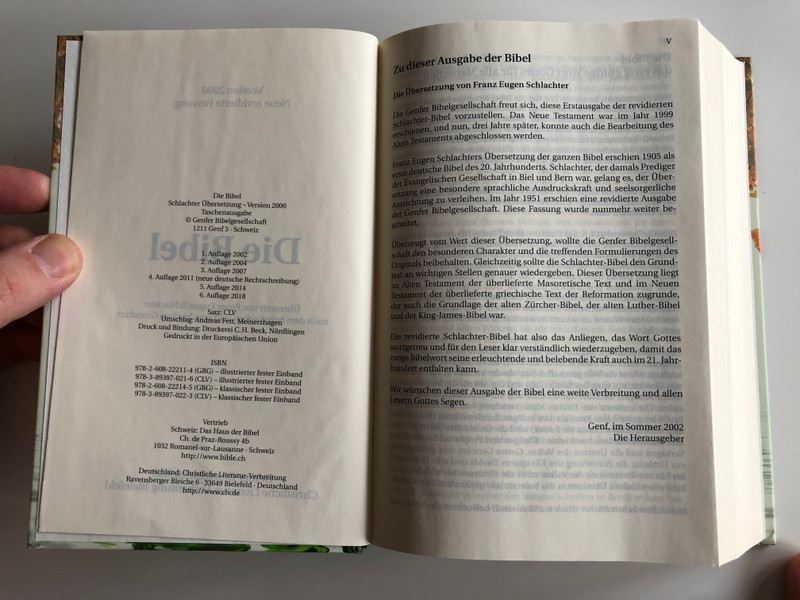 German language Bible / Leafy Cover / Die Bibel - Schlachter übersetzung - Version 2000 / Hardcover / CLV 2018 / 6th edition (9783893970216)