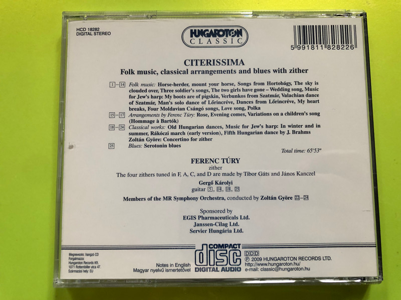 Citerissima / Ferenc Tury - zither, Gergo Karolyi - guitar / Folk music, classical arrangements and blues / Hungaroton Classic Audio CD 2009 Stereo / HCD 18282 (5991811828226)