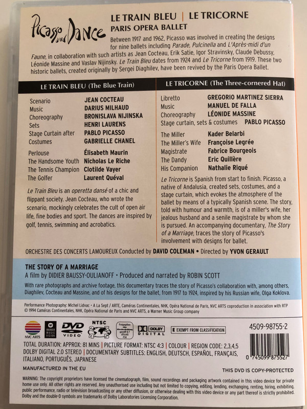 Picasso and Dance DVD 1994 Paris Opera Ballet / Le train bleu, Le Tricorne / Opera de Paris Garnier / Orchestre des concerts lamoureux / Conducted by David Coleman / Directed by Yvon Gerault (0745099875527)