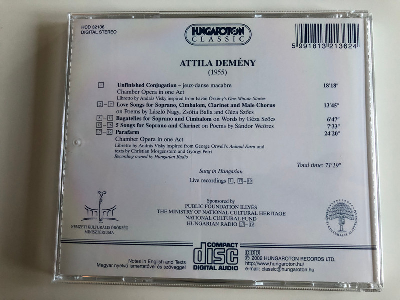 Attila Demeny - 5 Songs Parafarm / Unfinished Conjugation, Love Songs, Bagatelles for soprano and cimbalom / Hungaroton Classic Audio CD 2002 Stereo / HCD 32136