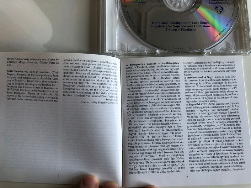Attila Demeny - 5 Songs Parafarm / Unfinished Conjugation, Love Songs, Bagatelles for soprano and cimbalom / Hungaroton Classic Audio CD 2002 Stereo / HCD 32136