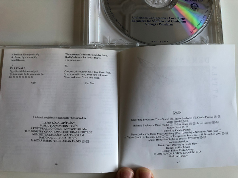 Attila Demeny - 5 Songs Parafarm / Unfinished Conjugation, Love Songs, Bagatelles for soprano and cimbalom / Hungaroton Classic Audio CD 2002 Stereo / HCD 32136