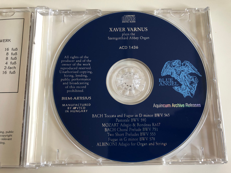 Aquincum Archive Release / Legendary Organists Collection No. 3 / Xaver Varnus / Bach, Mozart, Albinoni / Aquincum Archive Release Audio CD / ACD 1436
