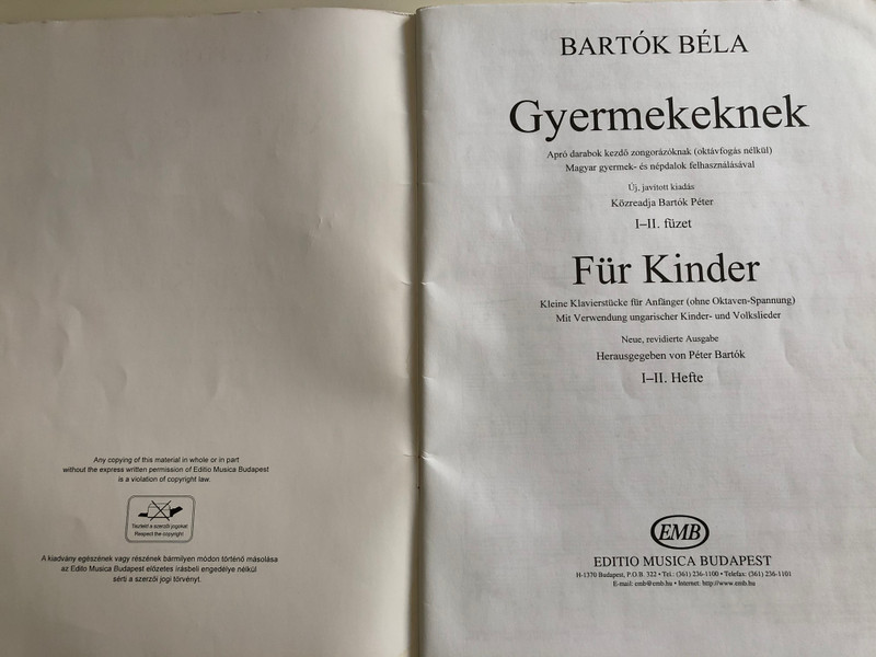 Gyermekeknek I.-II füzet - Für Kinder I-II. Hefte by Bartók Béla / Edition Musica Budapest / Apró darabok kezdő zogorázóknak / Small compositions for children starting piano lessons / German and Hungarian texts (9790080054543)