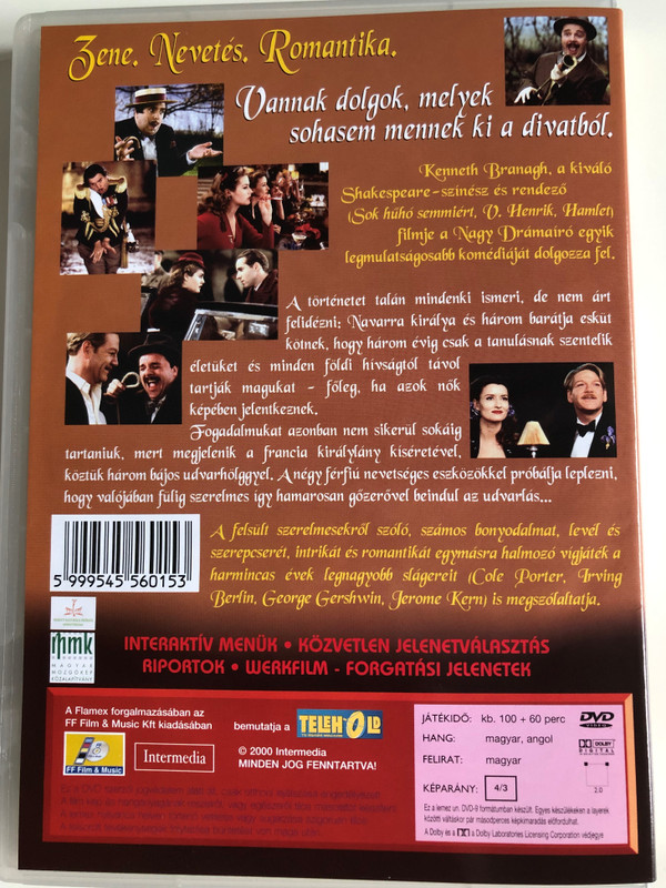 Love's Labour's Lost DVD 2000 Lóvátett Lovagok / Directed by Kenneth Branagh / Starring: Kenneth Branagh, Nathan Lane, Adrian Lester, Matthew Lillard, Natascha McElhone (5999545560153)