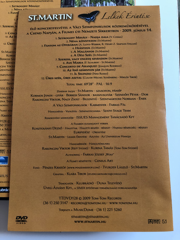 St. Martin - Lelkek érintése DVD 2009 Live Concert recording / Élő koncertfelvétel a csend napján, a Fiumei Úti Nemzeti Sírkertben / Váci Szimfonikusok / Tom-Tom Records TTDVD128 (5999524961292)