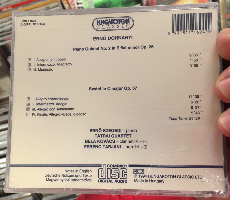 Ernő Dohnányi - Quintet In E Flat Minor Op. 26,Sextet In C Major Op. 37 / Ernő Szegedi, Béla Kovács, Ferenc Tarjáni, Tátrai Quartet / Hungaroton Classic Audio CD 1994 Stereo / HCD 11624