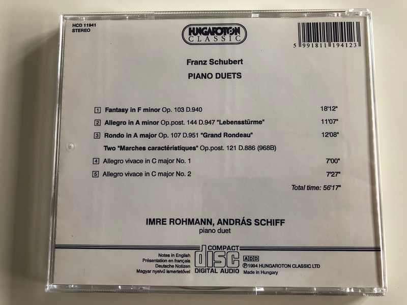 Schubert - Piano Duets / Imre Rohmann, András Schiff ‎/ Hungaroton ‎Classic Audio CD 1995 Stereo / HCD 11941
