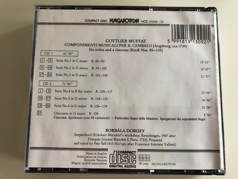 Gottlieb Muffat - Componimenti Musicali Per Il Cembalo (Complete) / Borbala Dobozy - harpsichord / Hungaroton 2x Audio CD 1992 Stereo / HCD 31309-10