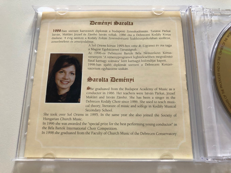 Sol Oriens Kórus És Kamarazenekar / Sol Oriens Choir and Chamber Orchestra / Zacharias Zarewutius, Valentin Deppisc, Benedek Istvánffy / Conducted by: Sarolta ‎Deményi / Sol Oriens Kórus És Kamarazenekar ‎Audio CD 1999 / PRECD 9904