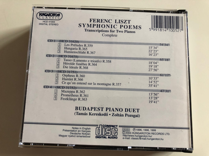 Ferenc Liszt - Symphonic Poems / Transcriptions For Two Pianos, Complete / Budapest Piano Duet / Hungaroton Classic 4x Audio CD 2003 Stereo / HCD 41005