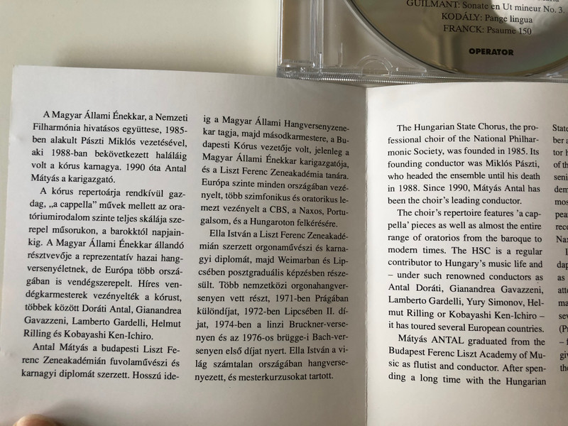 Hungarian State Chorus - Istvan Ella, organ / Matyas Antal - conductor / Gounod, Liszt, Kodaly, Franck / Operator concerto / Etnofon Audio CD 1994 / EC-CD 007