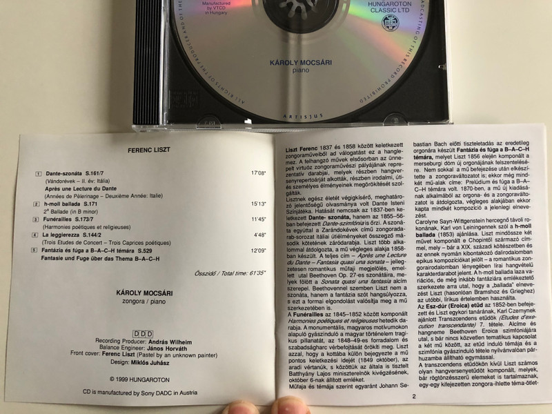 Liszt - Dante Sonata, Ballade In B Minor, Funérailles, La Leggierezza, B-A-C-H Fantasia And Fugue / Karoly Mocsári ‎- piano / Hungaroton Classic ‎Audio CD 1995 Stereo / HCD 31203