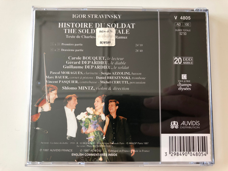 Igor Stravinsky - Histoire du Soldat / Carole Bouquet, Gerard Depardieu, Guillaume Depardieu, Sholmo Mintz / Auvidis France Audio CD 1997 / V 4805