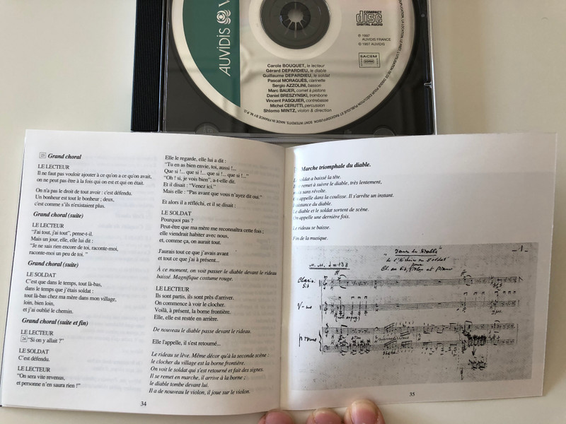 Igor Stravinsky - Histoire du Soldat / Carole Bouquet, Gerard Depardieu, Guillaume Depardieu, Sholmo Mintz / Auvidis France Audio CD 1997 / V 4805