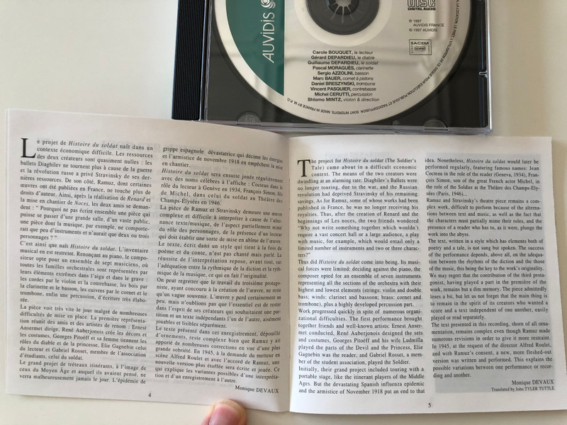 Igor Stravinsky - Histoire du Soldat / Carole Bouquet, Gerard Depardieu, Guillaume Depardieu, Sholmo Mintz / Auvidis France Audio CD 1997 / V 4805