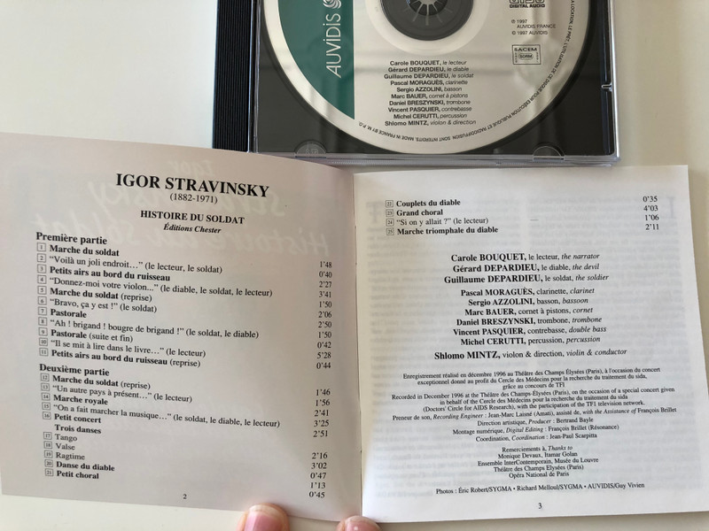 Igor Stravinsky - Histoire du Soldat / Carole Bouquet, Gerard Depardieu, Guillaume Depardieu, Sholmo Mintz / Auvidis France Audio CD 1997 / V 4805
