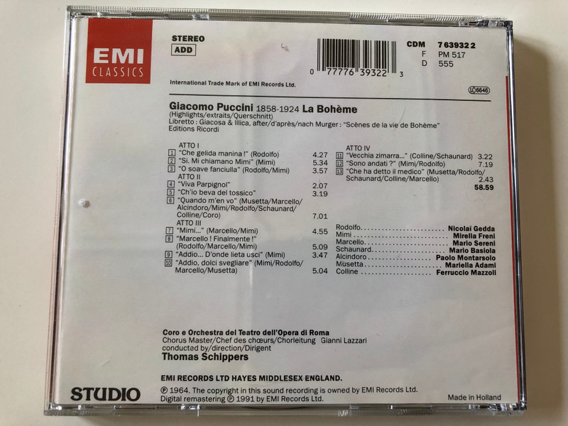 Puccini - La Bohème (Highlights/Extraits/Querschnitt) /  Freni, Gedda, Coro E Orchestra Del Teatro Dell'Opera Di Roma, Schippers / EMI Records Ltd. Audio CD 1991 Stereo / CDM 7 63932 2