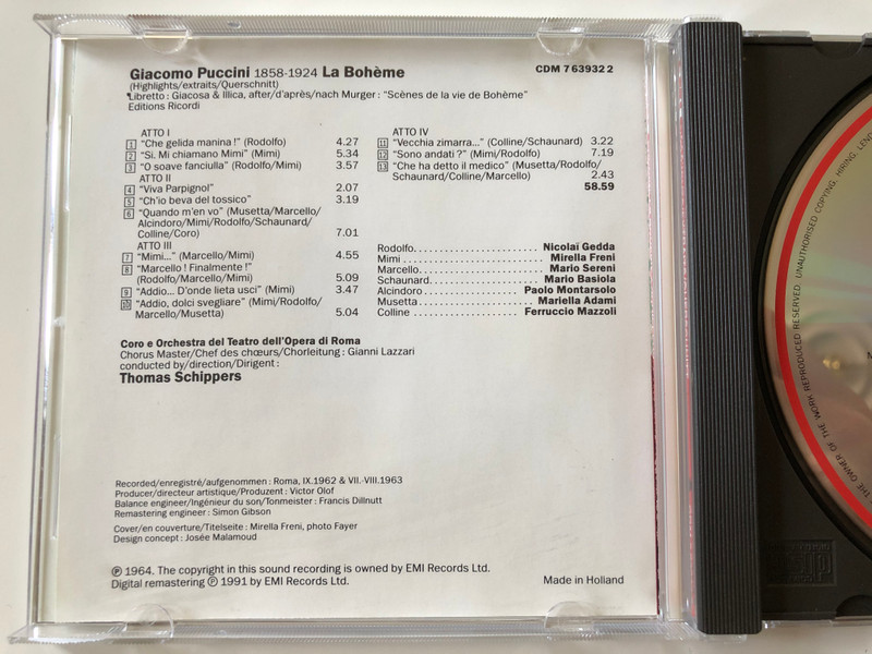 Puccini - La Bohème (Highlights/Extraits/Querschnitt) /  Freni, Gedda, Coro E Orchestra Del Teatro Dell'Opera Di Roma, Schippers / EMI Records Ltd. Audio CD 1991 Stereo / CDM 7 63932 2