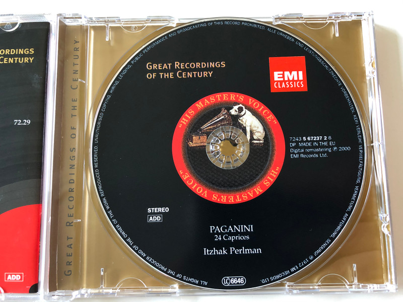 Paganini ‎– 24 Caprices / Itzhak Perlman / Great Recordings Of The Century / EMI Classics ‎Audio CD 2000 Stereo / 7243 5 67237 2 6