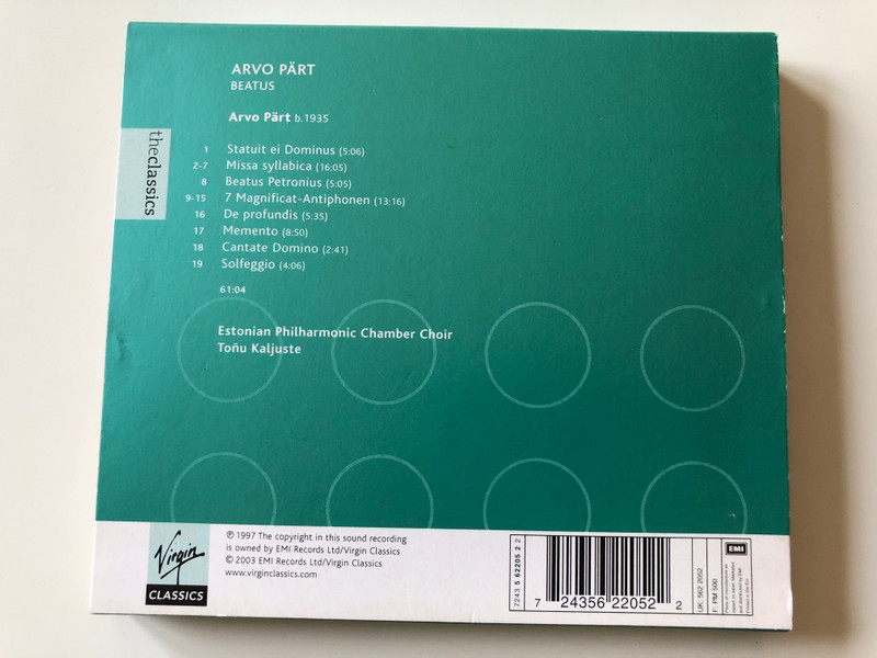 Arvo Pärt - Beatus / Estonian Philharmonic Chamber Choir, Tõnu Kaljuste ‎/ Virgin Classics ‎Audio CD 1997 / 724356220522