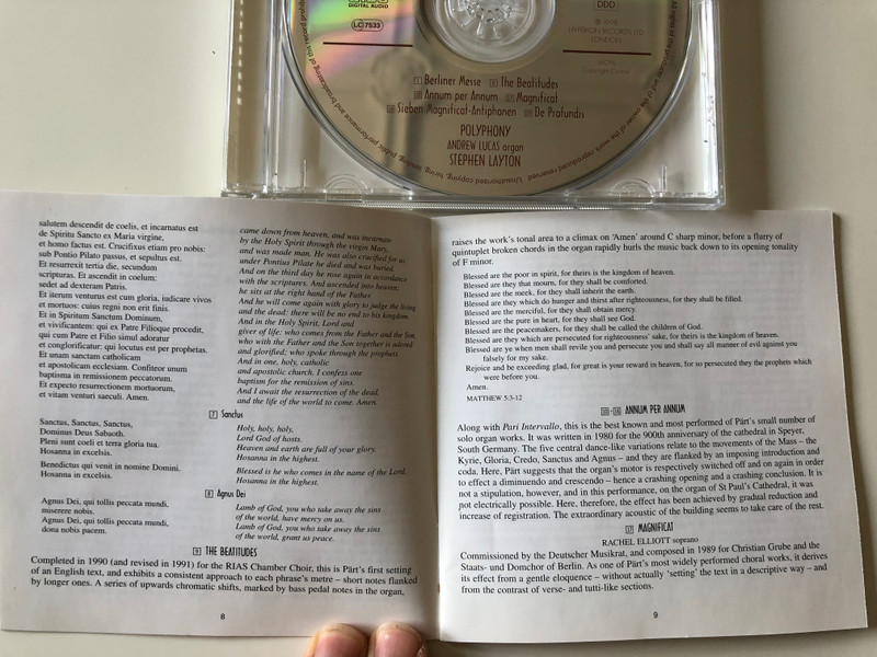 Arvo Pärt – Berliner Mass, Magnificat, Seven Magnificat Antiphons, De Profundis, The Beatitudes / Polyphony, Stephen Layton ‎/ Hyperion ‎Audio CD 1998 / CDA66960