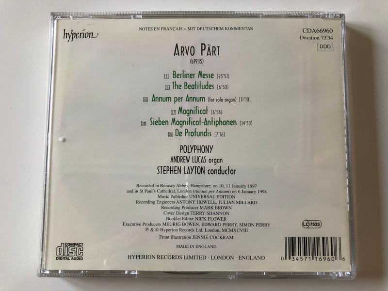 Arvo Pärt – Berliner Mass, Magnificat, Seven Magnificat Antiphons, De Profundis, The Beatitudes / Polyphony, Stephen Layton ‎/ Hyperion ‎Audio CD 1998 / CDA66960