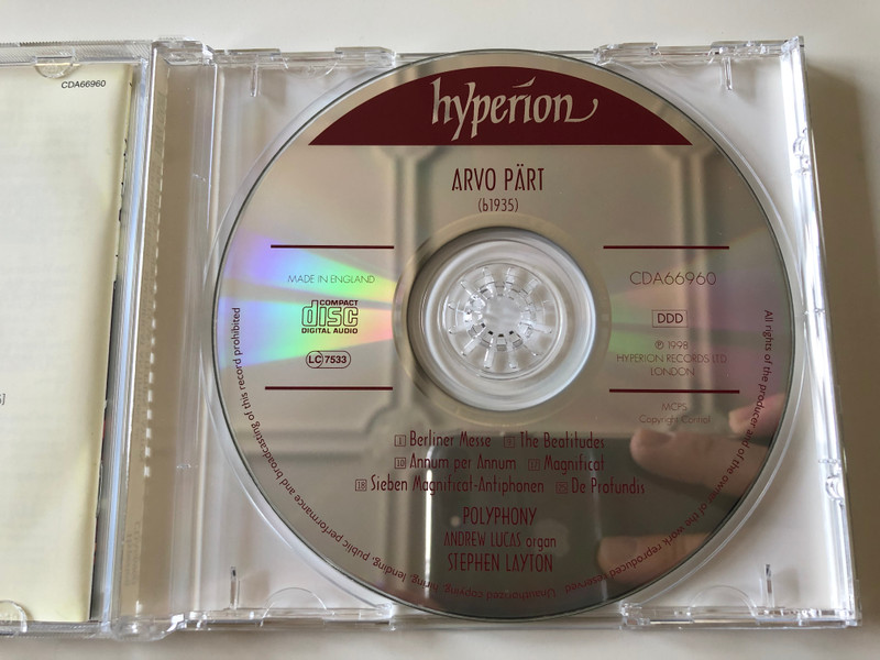 Arvo Pärt – Berliner Mass, Magnificat, Seven Magnificat Antiphons, De Profundis, The Beatitudes / Polyphony, Stephen Layton ‎/ Hyperion ‎Audio CD 1998 / CDA66960