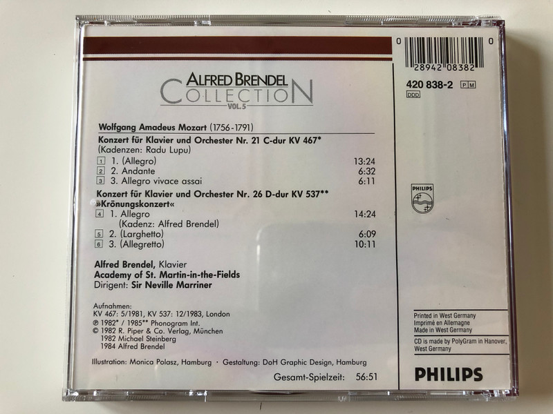 Alfred Brendel - Collection Vol. 5 / Mozart: Klavierkonzerte Nr. 21 C-DUR KV 467, Nr. 26 D-DUR KV 537 ''Krönungskonzert '' / Academy Of St Martin In The Fields, Neville Marriner / Philips Digital Classics ‎Audio CD / 420 838-2