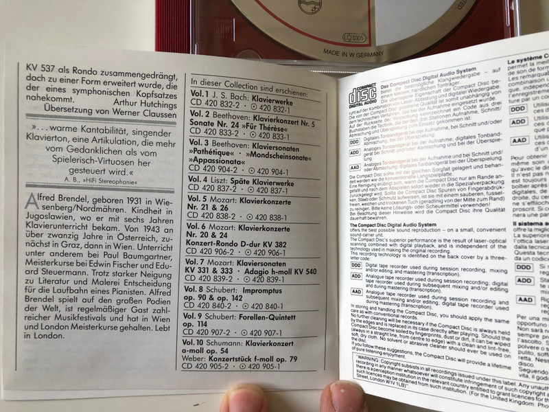 Alfred Brendel - Collection Vol. 5 / Mozart: Klavierkonzerte Nr. 21 C-DUR KV 467, Nr. 26 D-DUR KV 537 ''Krönungskonzert '' / Academy Of St Martin In The Fields, Neville Marriner / Philips Digital Classics ‎Audio CD / 420 838-2