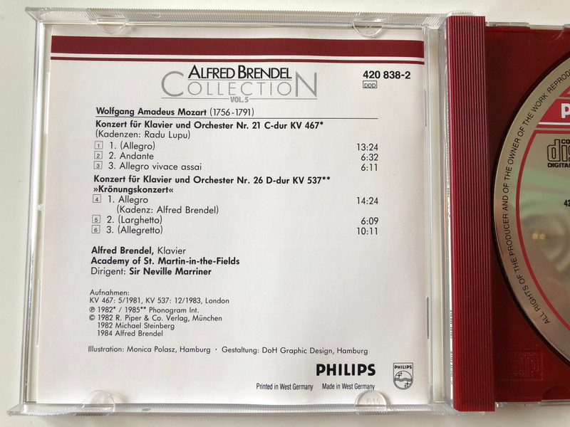Alfred Brendel - Collection Vol. 5 / Mozart: Klavierkonzerte Nr. 21 C-DUR KV 467, Nr. 26 D-DUR KV 537 ''Krönungskonzert '' / Academy Of St Martin In The Fields, Neville Marriner / Philips Digital Classics ‎Audio CD / 420 838-2