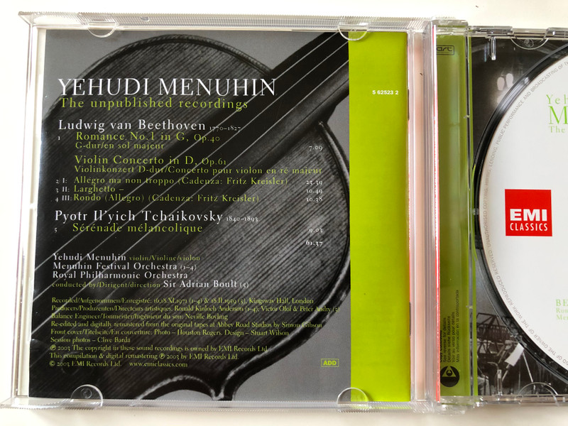Yehudi Menuhin - The unpublished recordings / Beethoven - Violin Concerto & Romance No. 1, Menuhin Festival Orchestra / Tchaikovsky - Serenade melancolique, Royal Philharmonic Orchestra / EMI Records Ltd. Audio CD 2003 Stereo / 724356252325