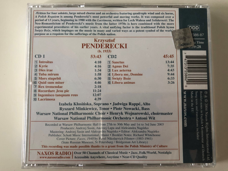 Penderecki ‎– A Polish Requiem / Klosińska, Rappé, Minkiewicz, Nowacki / Warsaw National Philharmonic Choir And Orchestra, Antoni Wit / Naxos ‎2x Audio CD 2004 / 8.557386-87