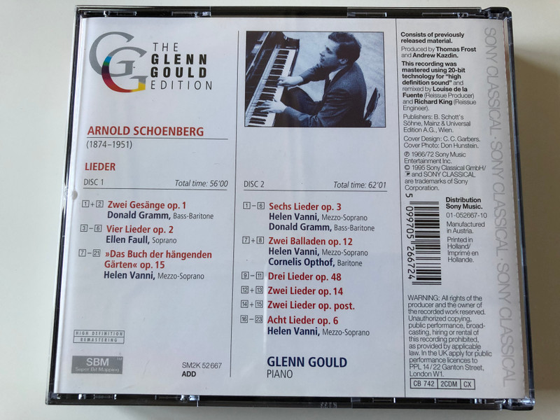 The Glenn Gould Edition / Schoenberg: Lieder - Ellen Faull, Helen Vanni, Donald Gramm, Cornelius Opthof, Glenn Gould ‎/ Sony Classical ‎2x Audio CD 1995 / SM2K 52667