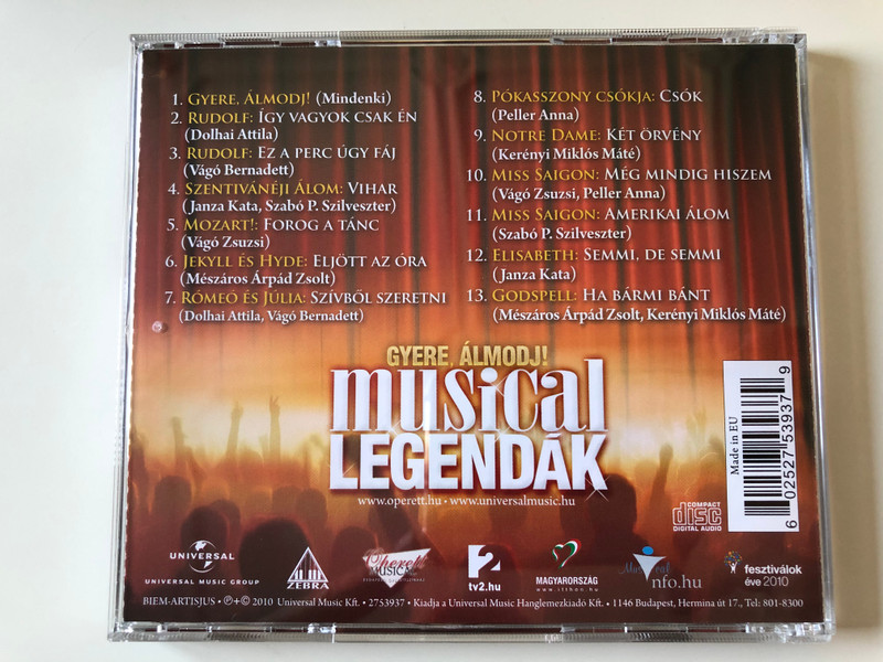 Gyere, Almodj! Musical Legendák / A Budapesti Operettszinhaz Es A Universal Music, Kozos Koncertsorozata / Vago Zsuzsi, Dolhai Attila, Peller Anna, Mészáros Árpád Zsolt, Kerényi Miklós Máté / Universal Music Kft. ‎Audio CD 2010 / 2753937