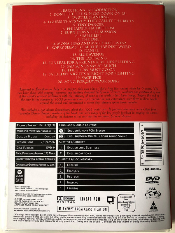 Elton John DVD 1992 Live in Barcelona / Don't let the Sun go down on me, I'm Still Standing, The Last Song, Sacrifice / Bonus 52 min documentary (745099068028)