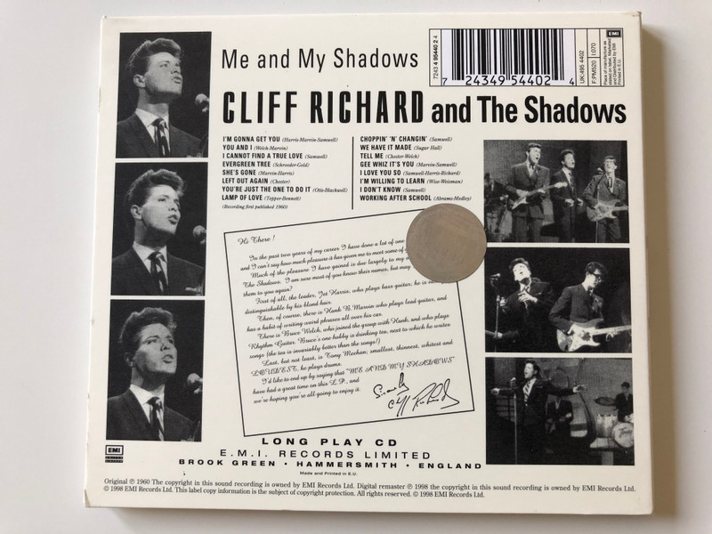 Cliff Richard And The Shadows ‎– Me And My Shadows / EMI ‎Audio CD 1998 Mono & Stereo / 724349544024