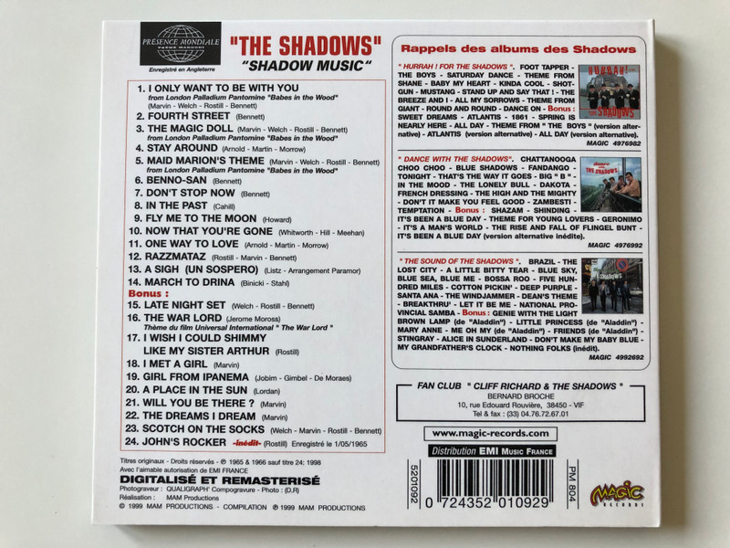 The Shadows - I Only Want To Be With You, Fourth Street, The Magic Doll, Stay Around, Maid Marion's Theme, Benno San, Don't Stop Now, In The Past, Fly Me To The Moon, Now That You're Gone / MAM Productions Audio CD 1999 Stereo / 5201092