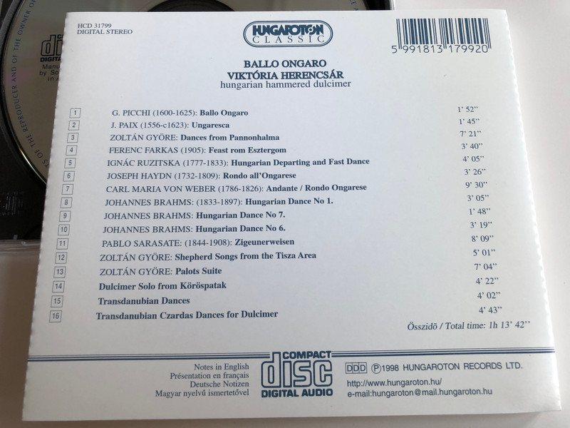 ''Ballo Ongaro'' - Picchi, Haydn, Weber, Brahms, Sarasate, Ruzitska, Farkas, Gyore / Viktoria Herencsar, Hungarian hammered dulcimer / Hungaroton Classic Audio CD 1998 Stereo / HCD 31799