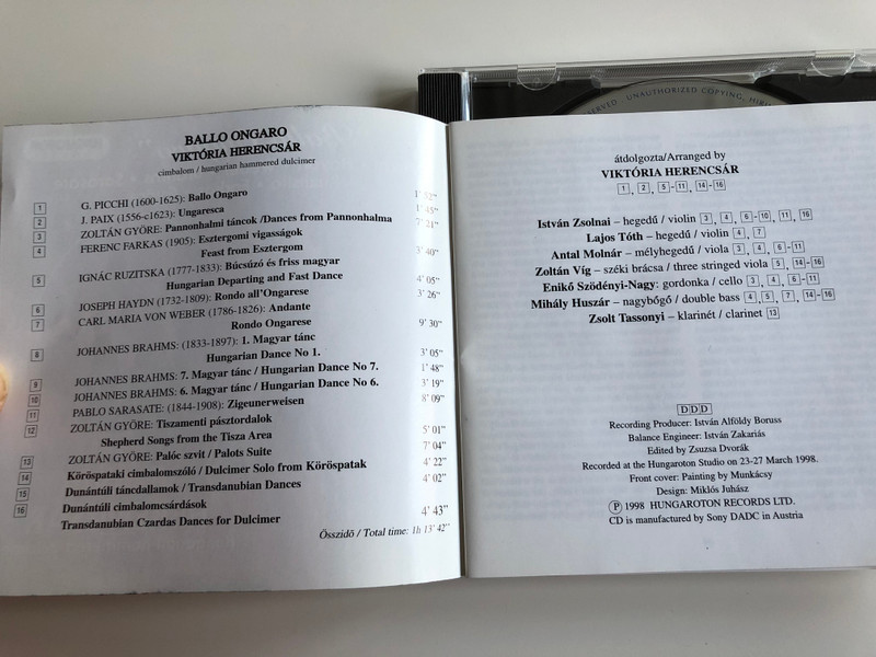 ''Ballo Ongaro'' - Picchi, Haydn, Weber, Brahms, Sarasate, Ruzitska, Farkas, Gyore / Viktoria Herencsar, Hungarian hammered dulcimer / Hungaroton Classic Audio CD 1998 Stereo / HCD 31799