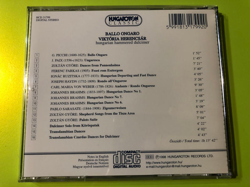 ''Ballo Ongaro'' - Picchi, Haydn, Weber, Brahms, Sarasate, Ruzitska, Farkas, Gyore / Viktoria Herencsar, Hungarian hammered dulcimer / Hungaroton Classic Audio CD 1998 Stereo / HCD 31799 (5991813179920)